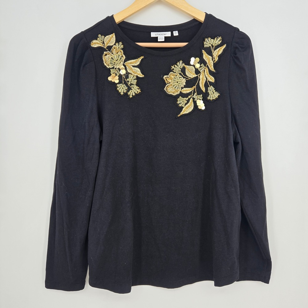 Chico's Black Gold Beaded Embroidered Floral Long Sleeve Top Womens L 95% Cotton